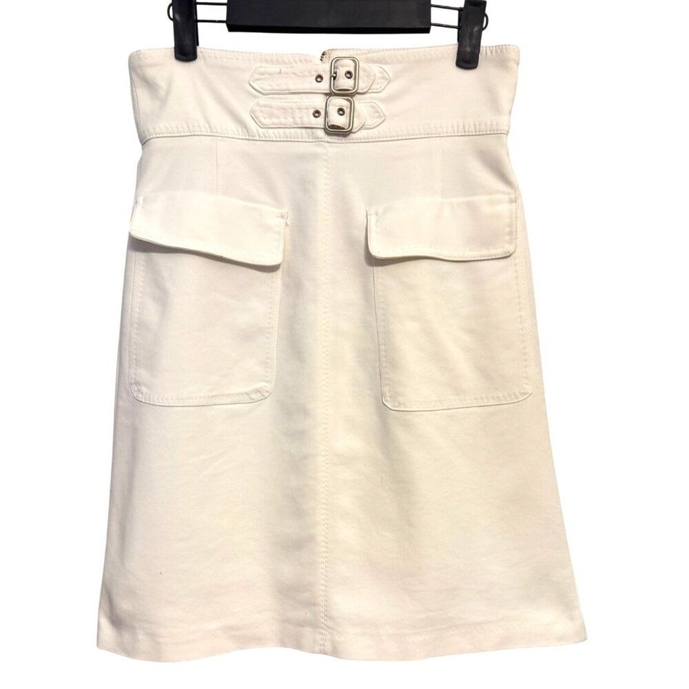 Zara Medium Off White A-Line Skirt Double Buckle & Pocket Detail Cotton Blend